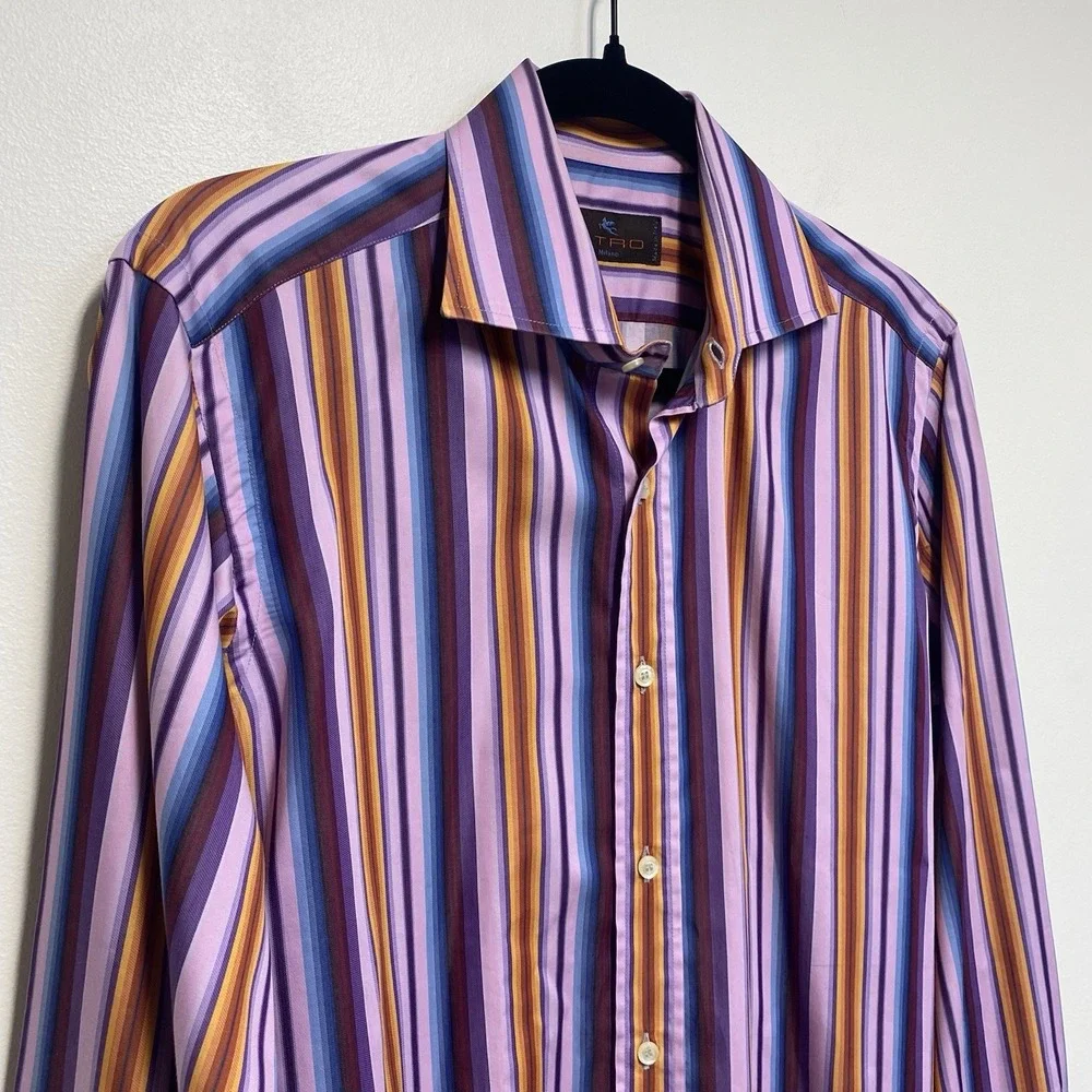 Etro Milano Purple Striped Button Down Shirt Size‎ 38 Italy Multicolor Cotton